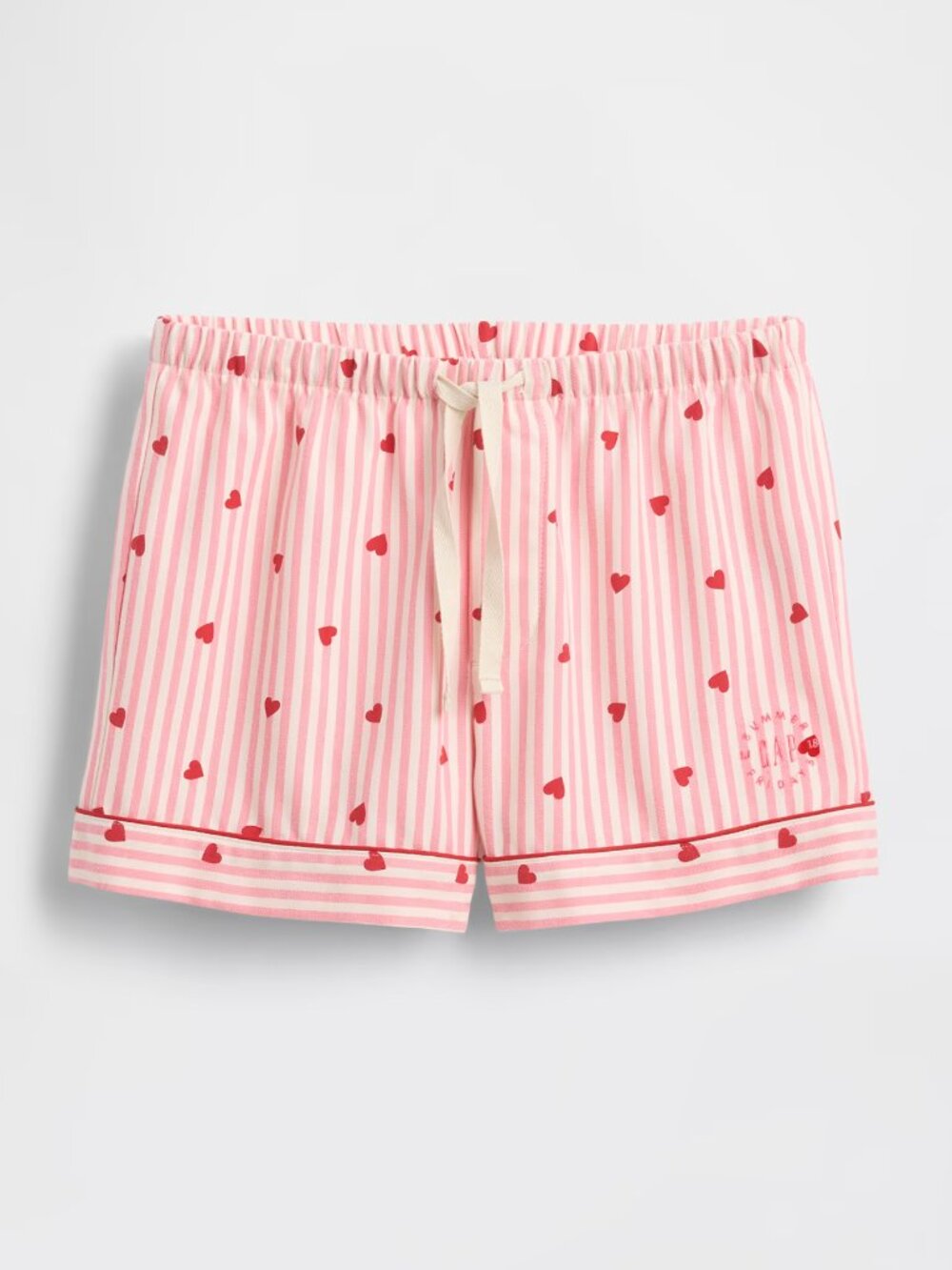Pink and White Striped with Red Hearts Flannel Pajama Shorts